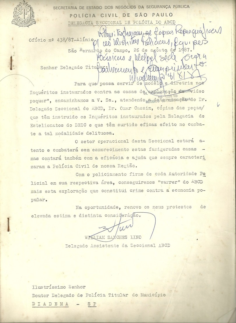 OFÍCIO 438/87 - Dr. OMAR CASSIM ORDENANDO VARRER O VÍDEO POCKER DO ABCD